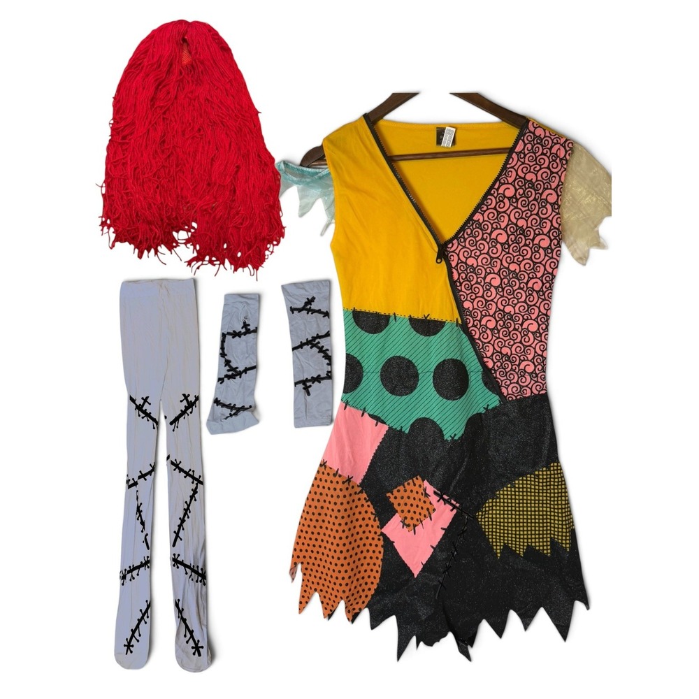 Disney Nightmare Before Christmas Sally Costume Dress Wig Leggings Sleeves Small